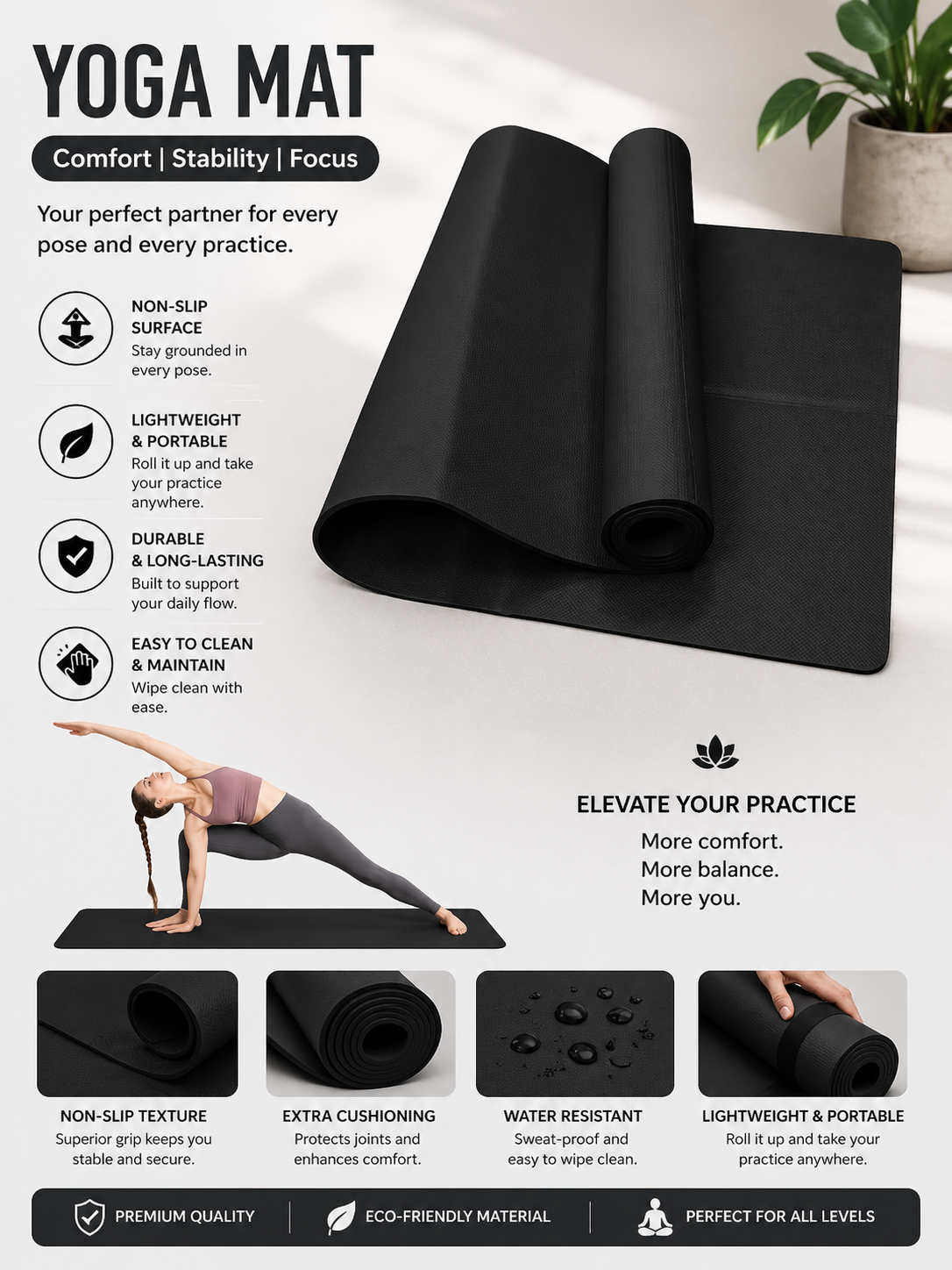 Milia Jay Best Yoga Mat – Anti-Slip 4mm EVA Yoga Mat for Pilates & Fitness, Lightweight Travel Yoga Mat for Home, Gym & Exercise