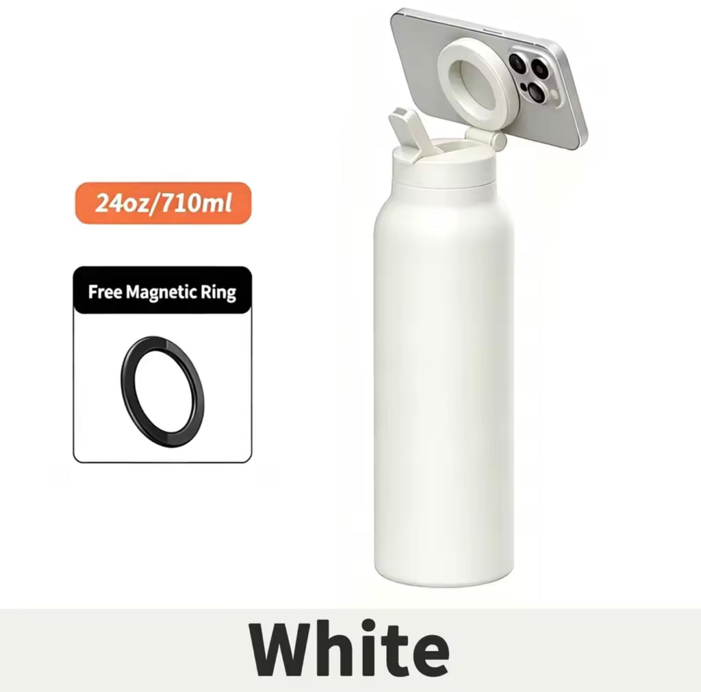 Milia Jay 24oz Insulated Stainless Steel Water Bottle with Magnetic Phone Stand & Straw Lid – 710ml Portable Sports Tumbler