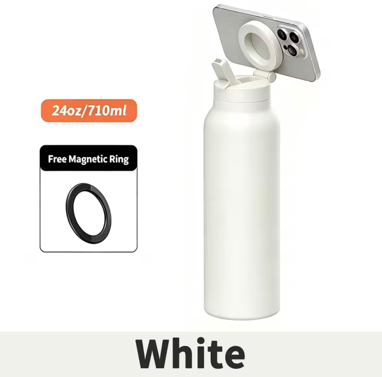 Milia Jay 24oz Insulated Stainless Steel Water Bottle with Magnetic Phone Stand & Straw Lid – 710ml Portable Sports Tumbler