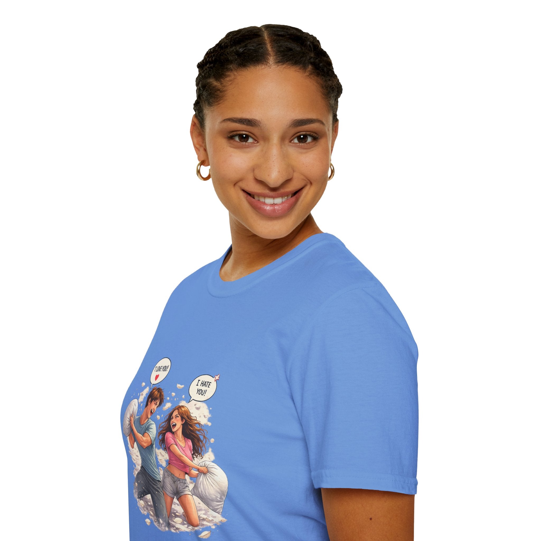 Copy of Copy of Pillow Fight Couple Illustration T-Shirt | Cute Romantic Cartoon Scene