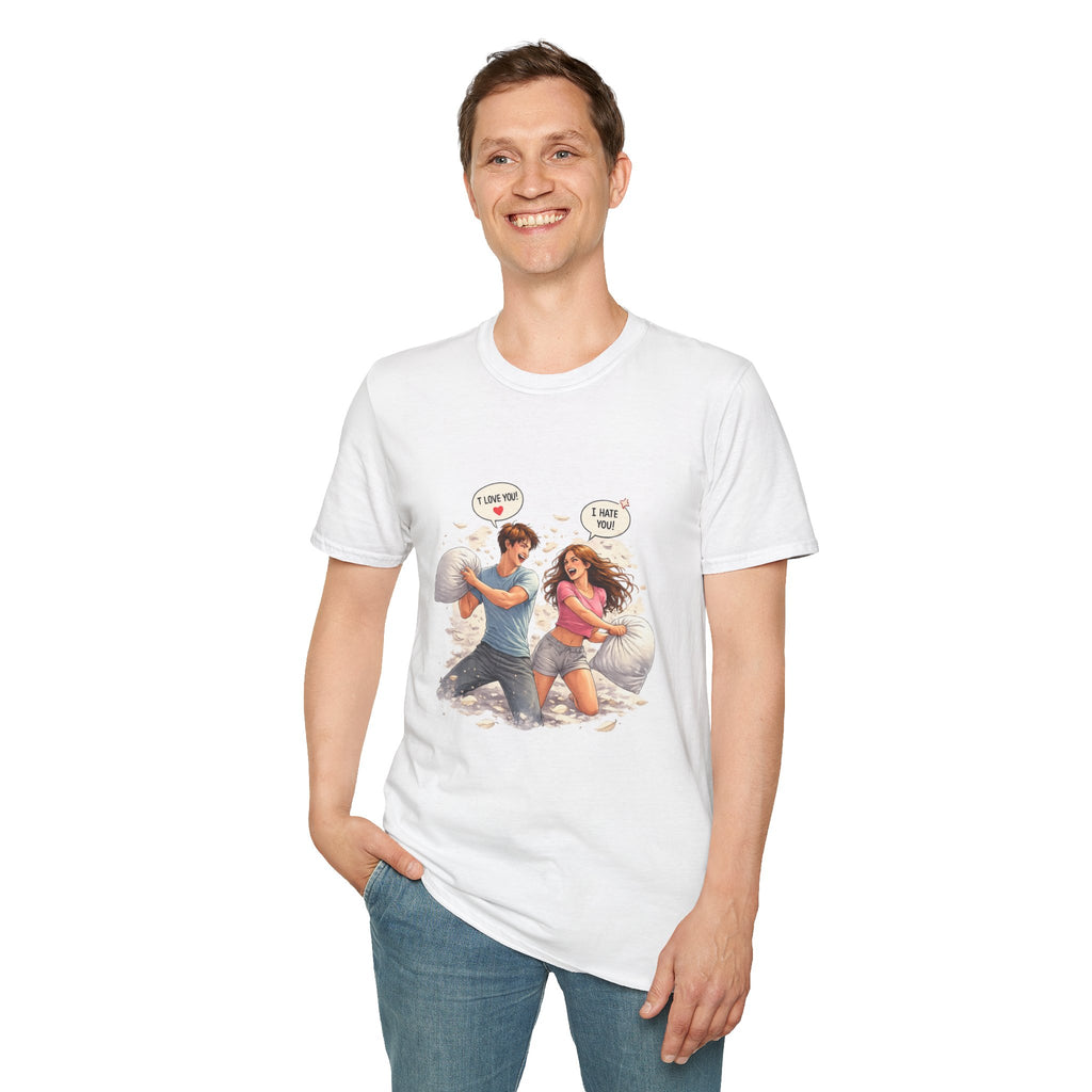 Copy of Copy of Pillow Fight Couple Illustration T-Shirt | Cute Romantic Cartoon Scene