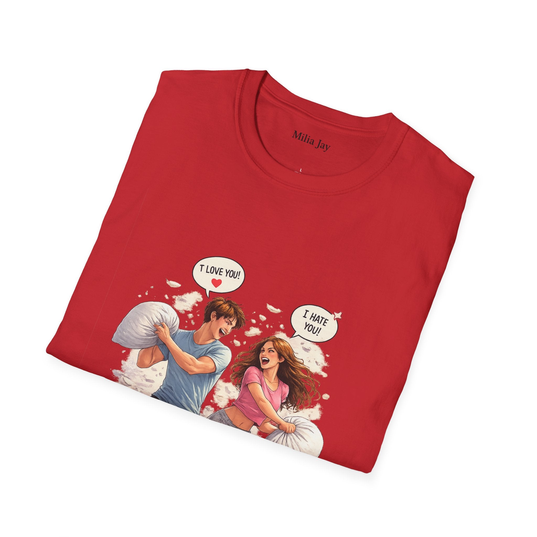 Copy of Copy of Pillow Fight Couple Illustration T-Shirt | Cute Romantic Cartoon Scene