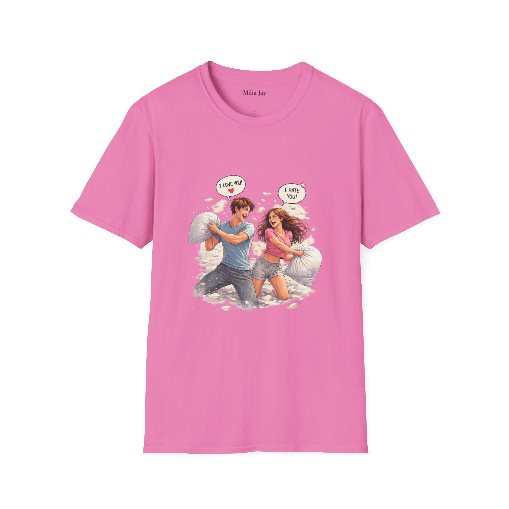 Copy of Copy of Pillow Fight Couple Illustration T-Shirt | Cute Romantic Cartoon Scene