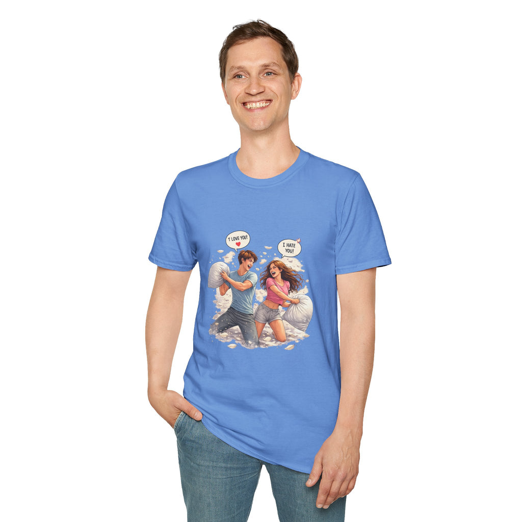 Copy of Copy of Pillow Fight Couple Illustration T-Shirt | Cute Romantic Cartoon Scene