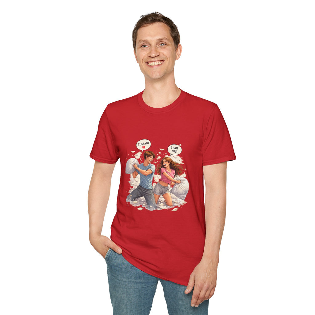 Copy of Copy of Pillow Fight Couple Illustration T-Shirt | Cute Romantic Cartoon Scene