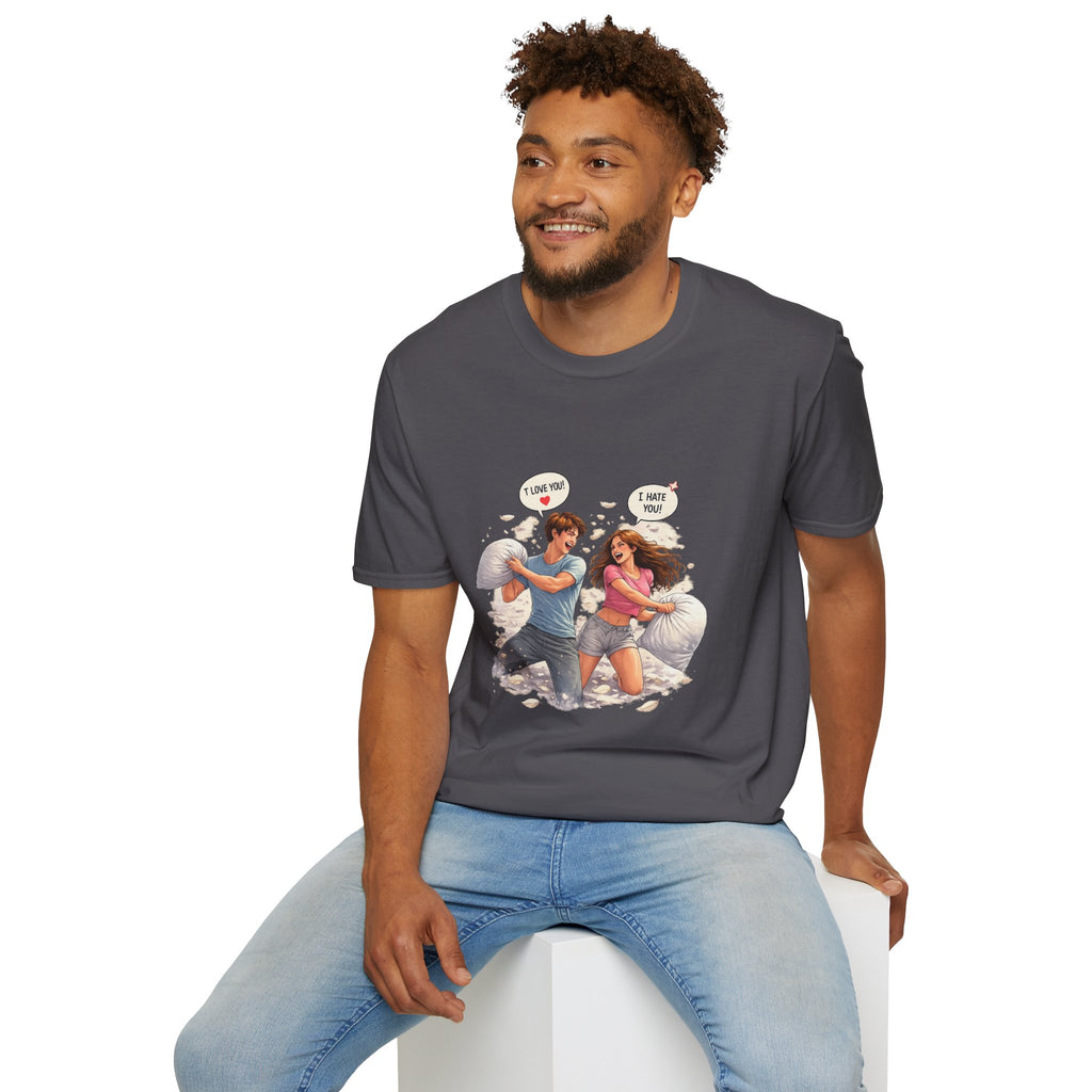 Copy of Copy of Pillow Fight Couple Illustration T-Shirt | Cute Romantic Cartoon Scene