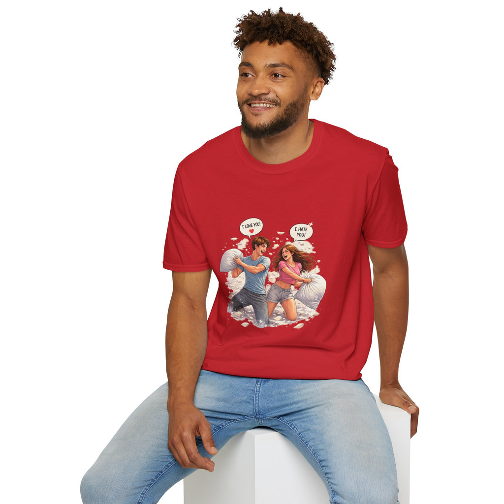 Copy of Copy of Pillow Fight Couple Illustration T-Shirt | Cute Romantic Cartoon Scene