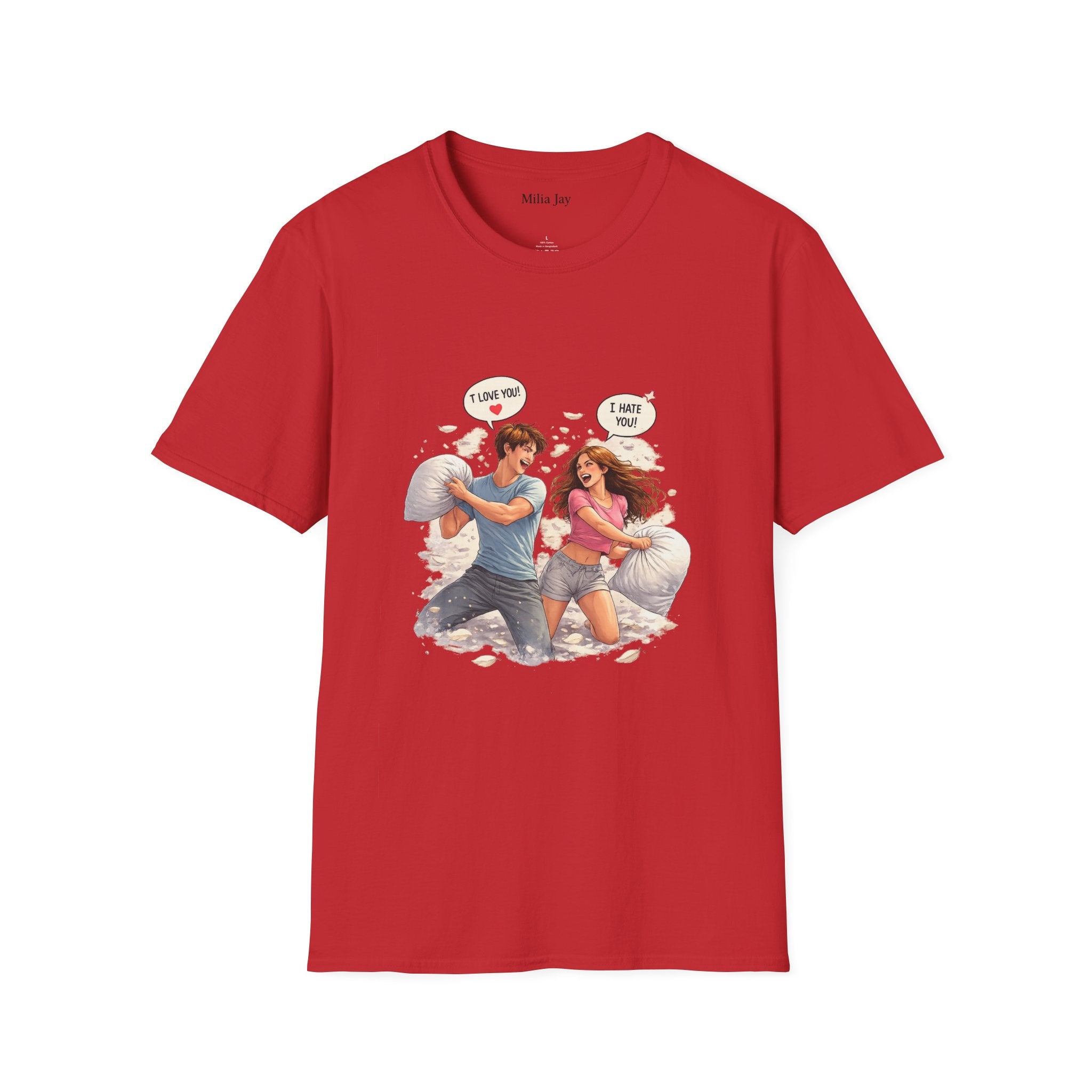 Copy of Copy of Pillow Fight Couple Illustration T-Shirt | Cute Romantic Cartoon Scene