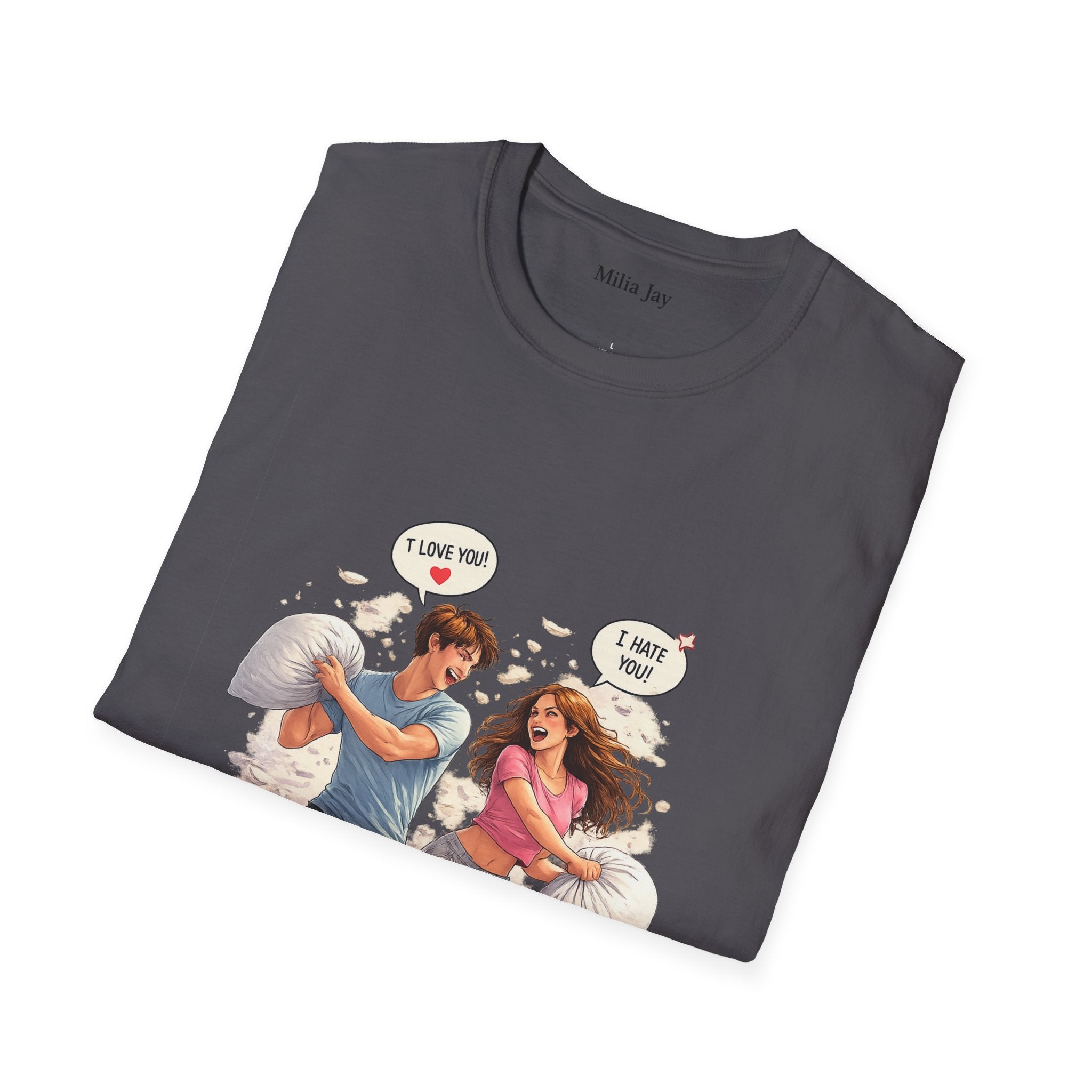 Copy of Copy of Pillow Fight Couple Illustration T-Shirt | Cute Romantic Cartoon Scene