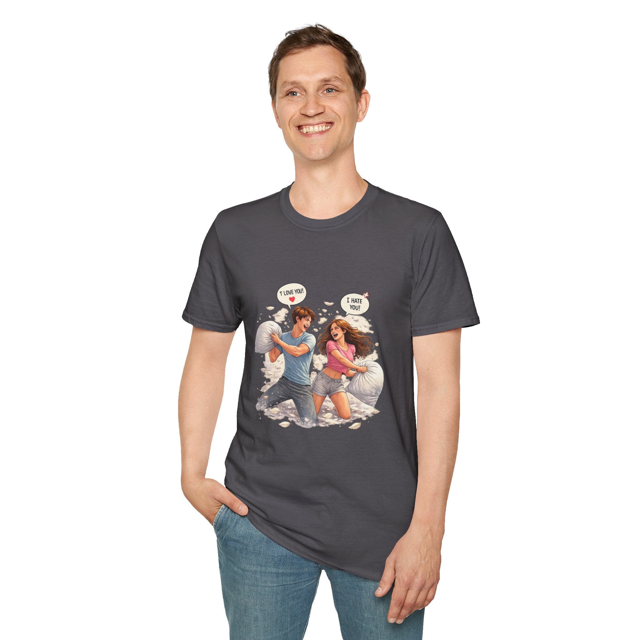 Copy of Copy of Pillow Fight Couple Illustration T-Shirt | Cute Romantic Cartoon Scene