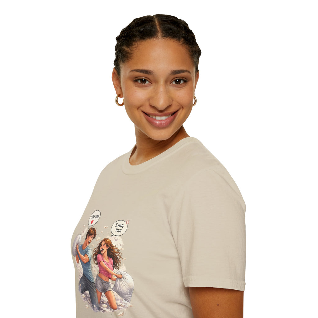 Copy of Copy of Pillow Fight Couple Illustration T-Shirt | Cute Romantic Cartoon Scene