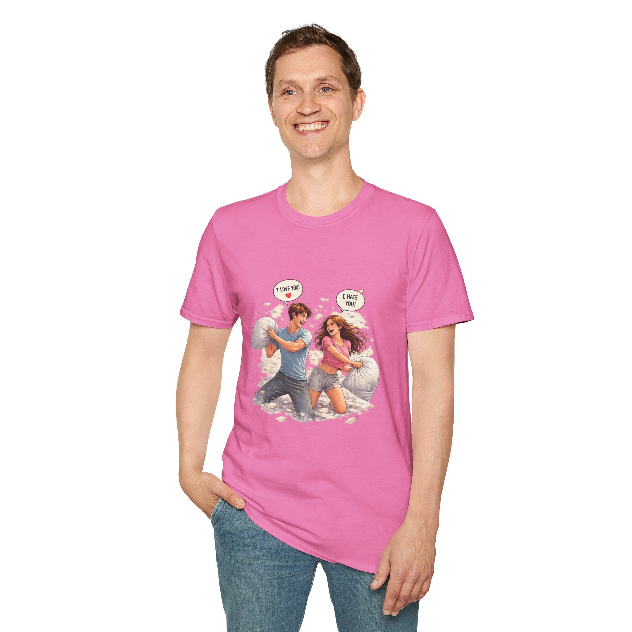 Copy of Copy of Pillow Fight Couple Illustration T-Shirt | Cute Romantic Cartoon Scene