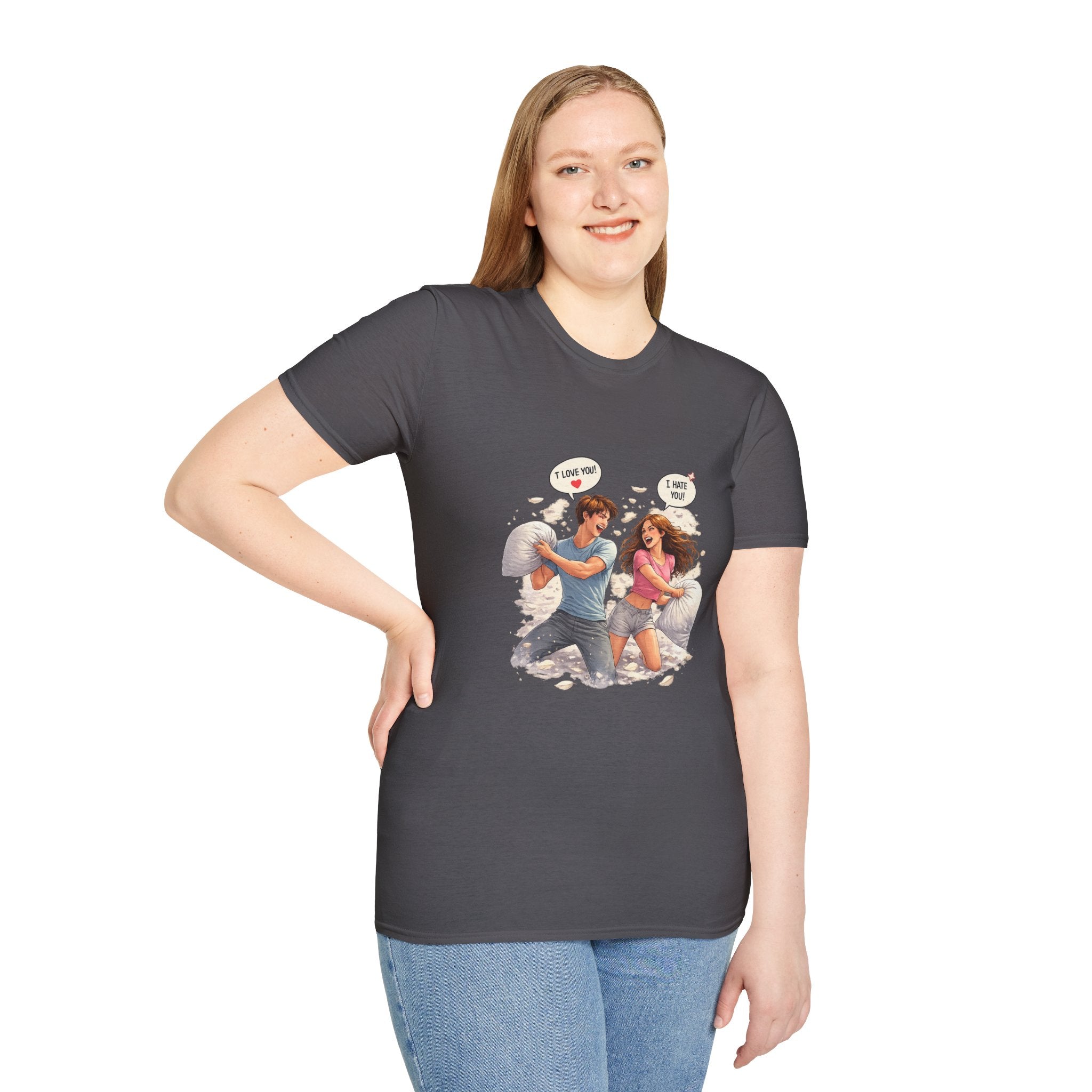 Copy of Copy of Pillow Fight Couple Illustration T-Shirt | Cute Romantic Cartoon Scene