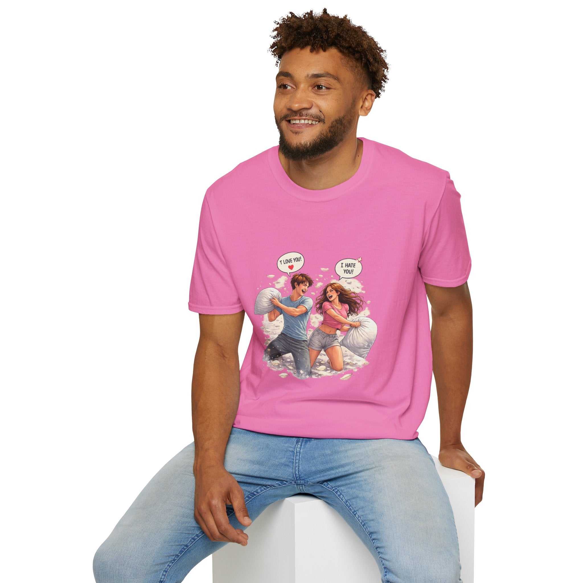 Copy of Copy of Pillow Fight Couple Illustration T-Shirt | Cute Romantic Cartoon Scene
