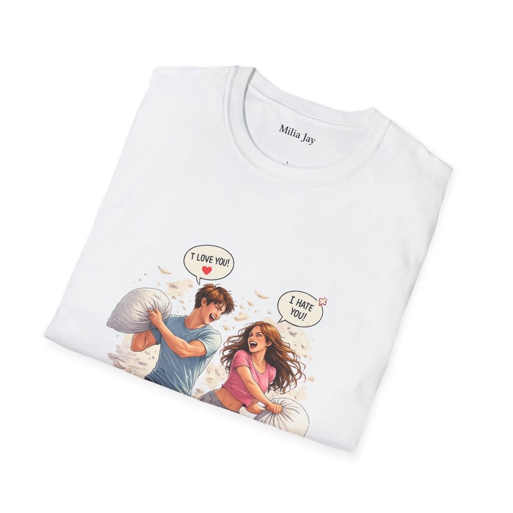 Copy of Copy of Pillow Fight Couple Illustration T-Shirt | Cute Romantic Cartoon Scene