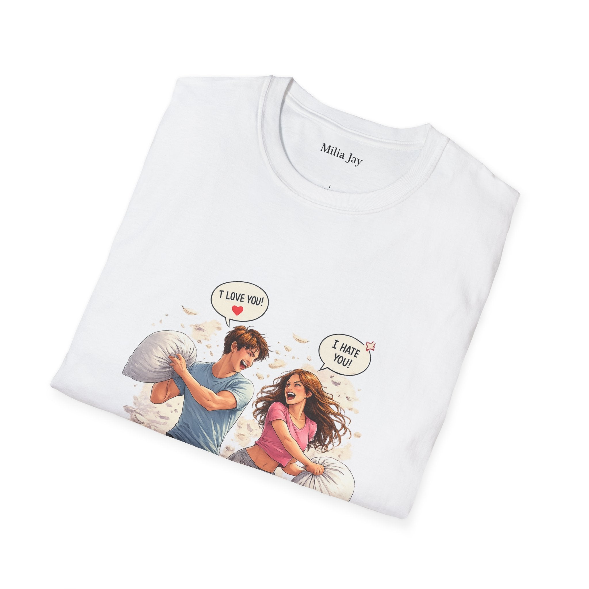 Copy of Copy of Pillow Fight Couple Illustration T-Shirt | Cute Romantic Cartoon Scene