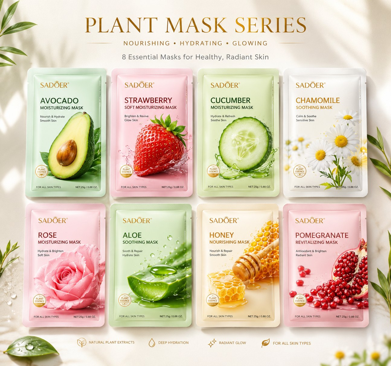 8pcs SADOER Korean Fruit Face Mask Set – Hydrating Collagen Sheet Face Mask for Women | Moisturizing, Firming & Overnight Skincare