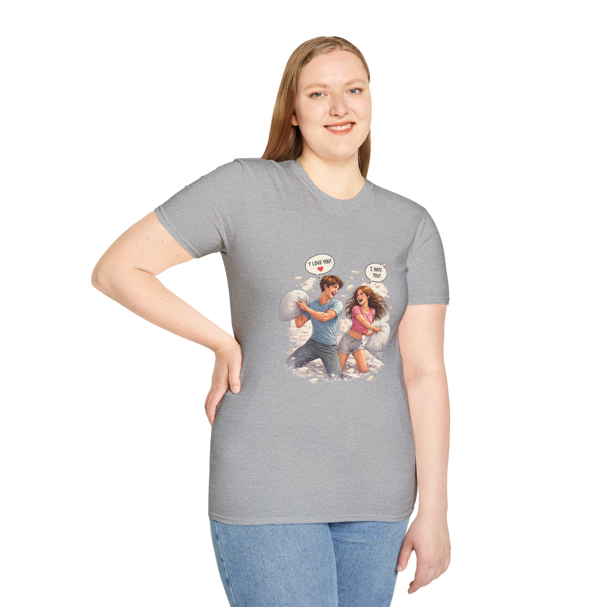 Copy of Copy of Pillow Fight Couple Illustration T-Shirt | Cute Romantic Cartoon Scene