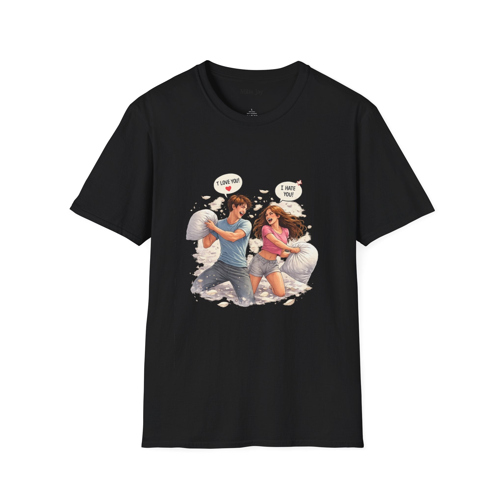 Copy of Copy of Pillow Fight Couple Illustration T-Shirt | Cute Romantic Cartoon Scene