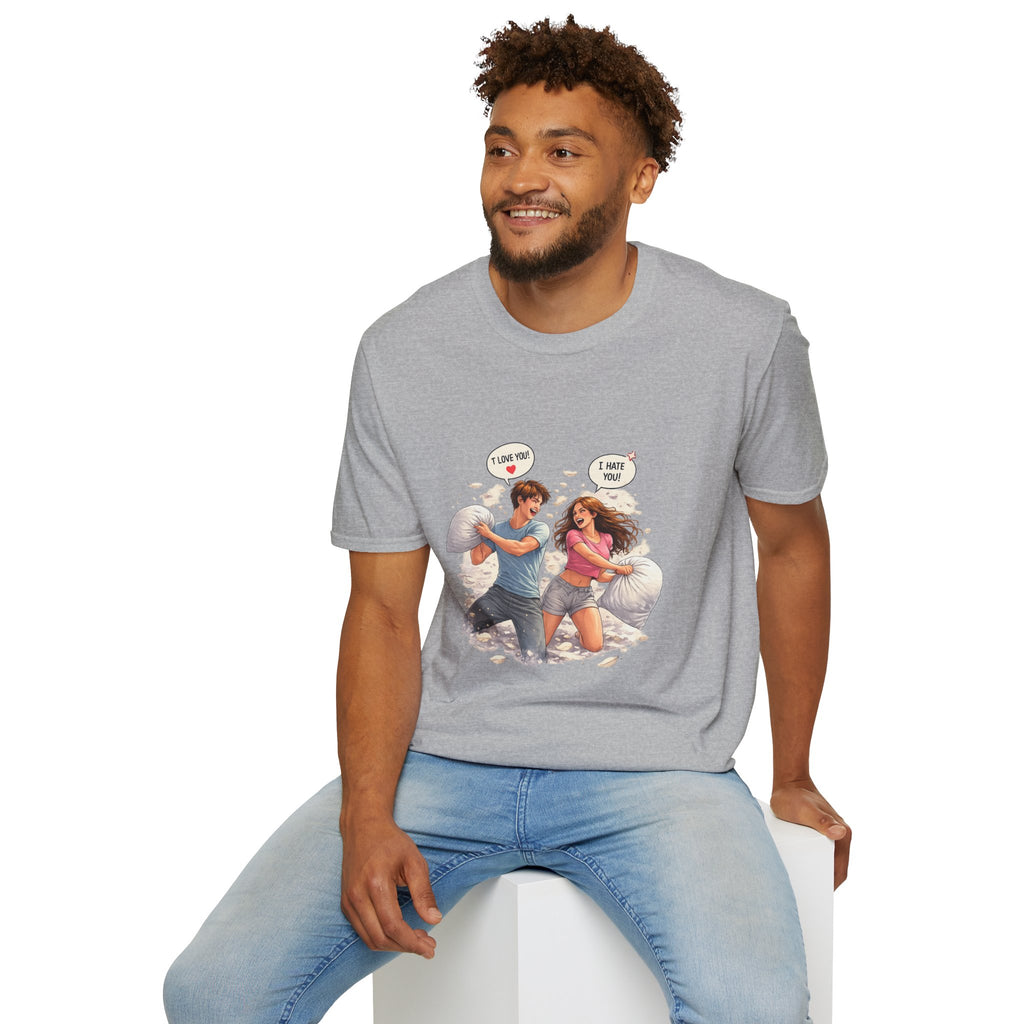 Copy of Copy of Pillow Fight Couple Illustration T-Shirt | Cute Romantic Cartoon Scene