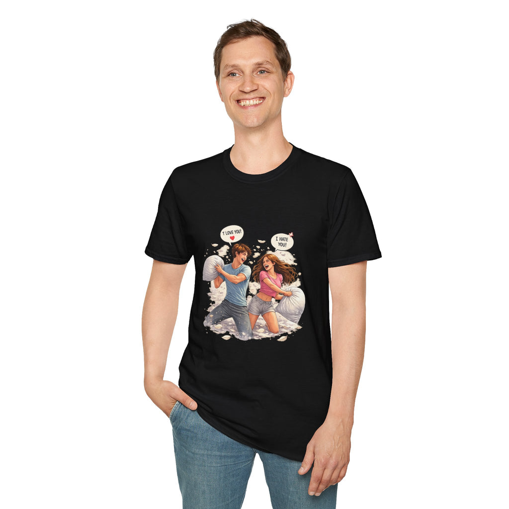 Copy of Copy of Pillow Fight Couple Illustration T-Shirt | Cute Romantic Cartoon Scene
