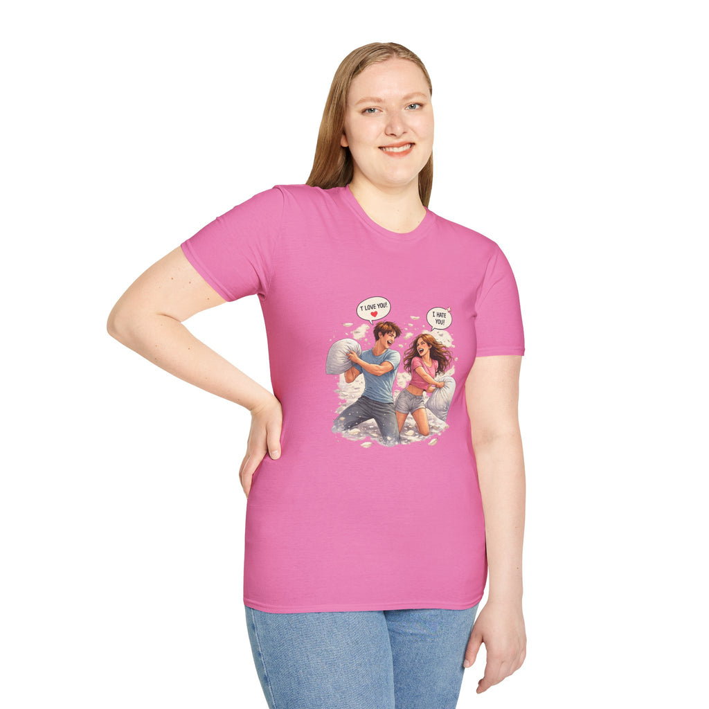 Copy of Copy of Pillow Fight Couple Illustration T-Shirt | Cute Romantic Cartoon Scene