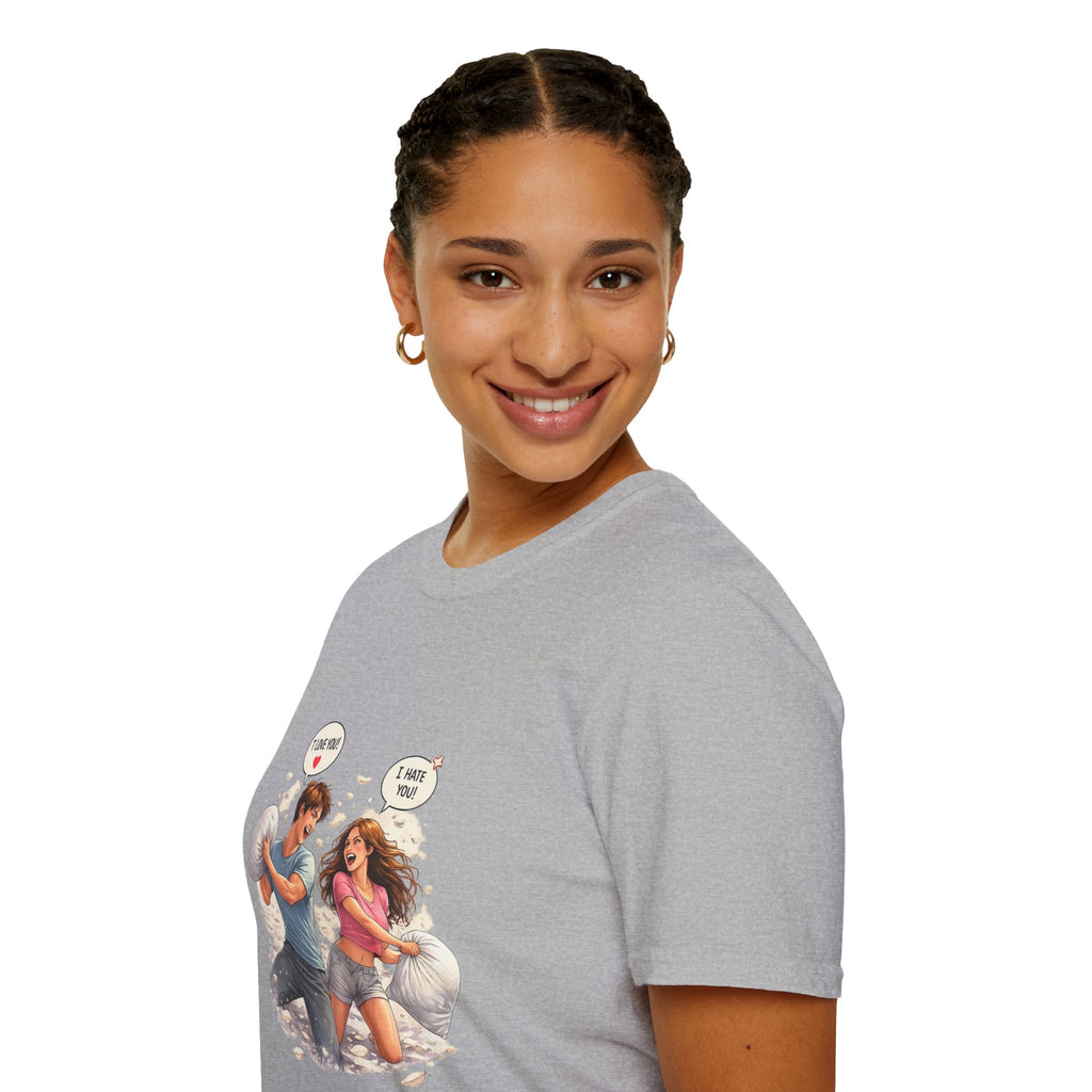 Copy of Copy of Pillow Fight Couple Illustration T-Shirt | Cute Romantic Cartoon Scene