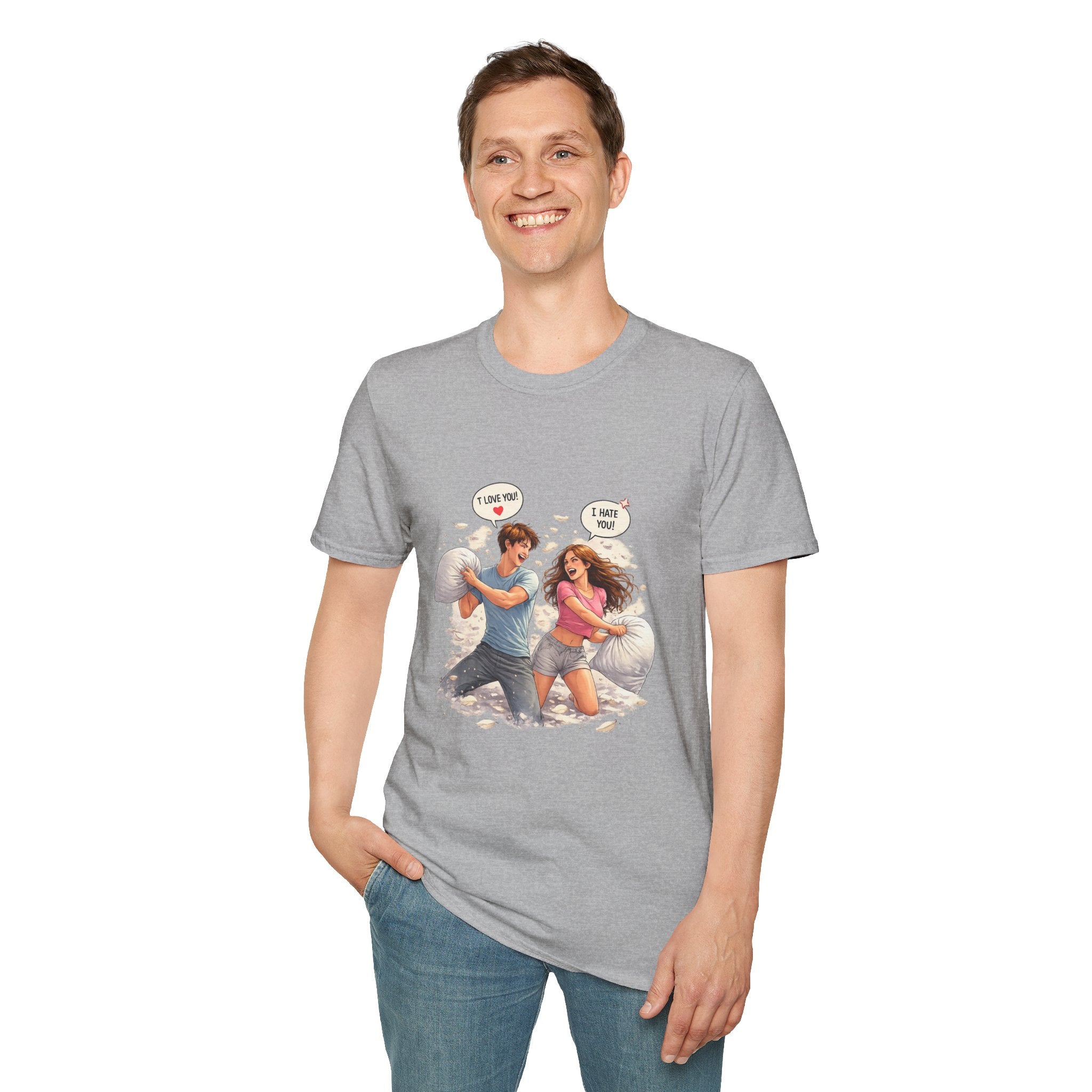 Copy of Copy of Pillow Fight Couple Illustration T-Shirt | Cute Romantic Cartoon Scene