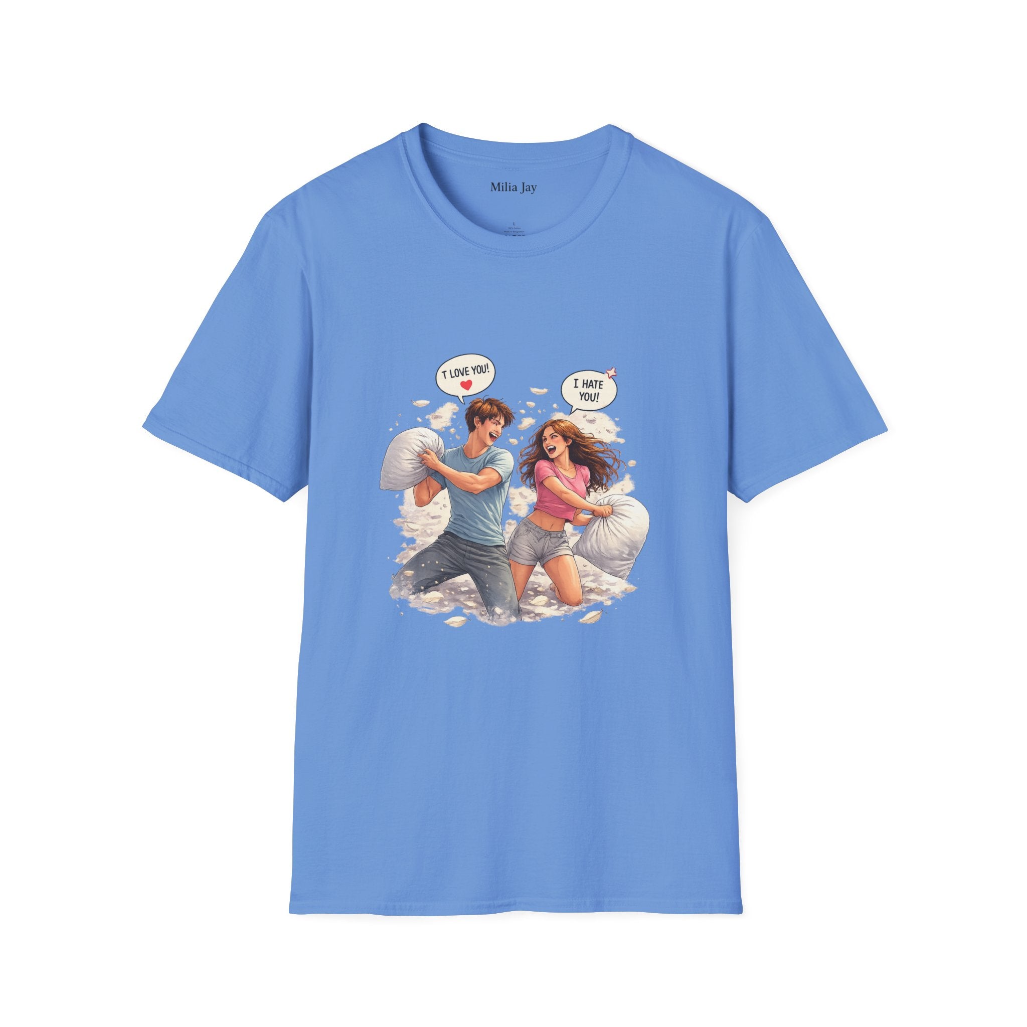 Copy of Copy of Pillow Fight Couple Illustration T-Shirt | Cute Romantic Cartoon Scene