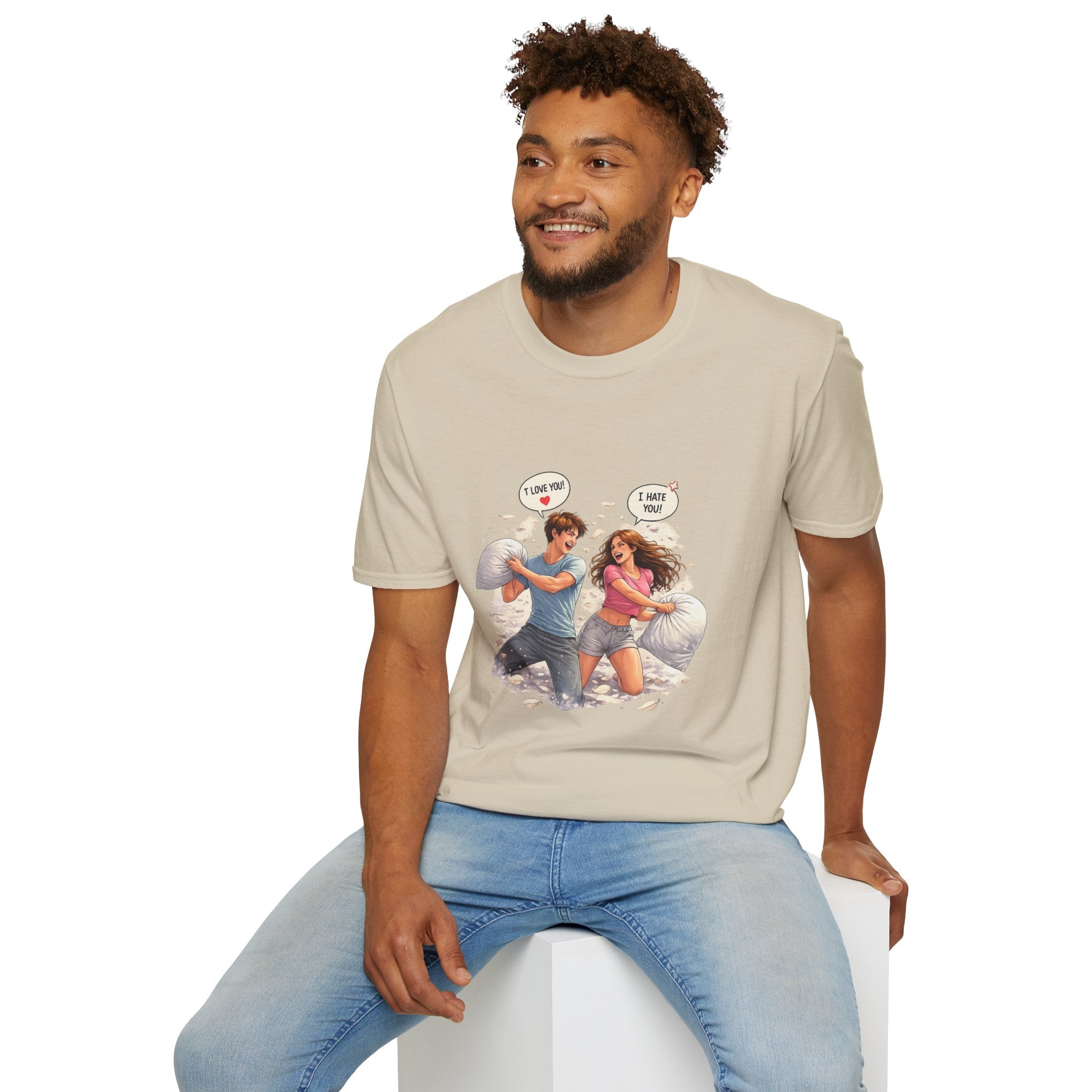 Copy of Copy of Pillow Fight Couple Illustration T-Shirt | Cute Romantic Cartoon Scene
