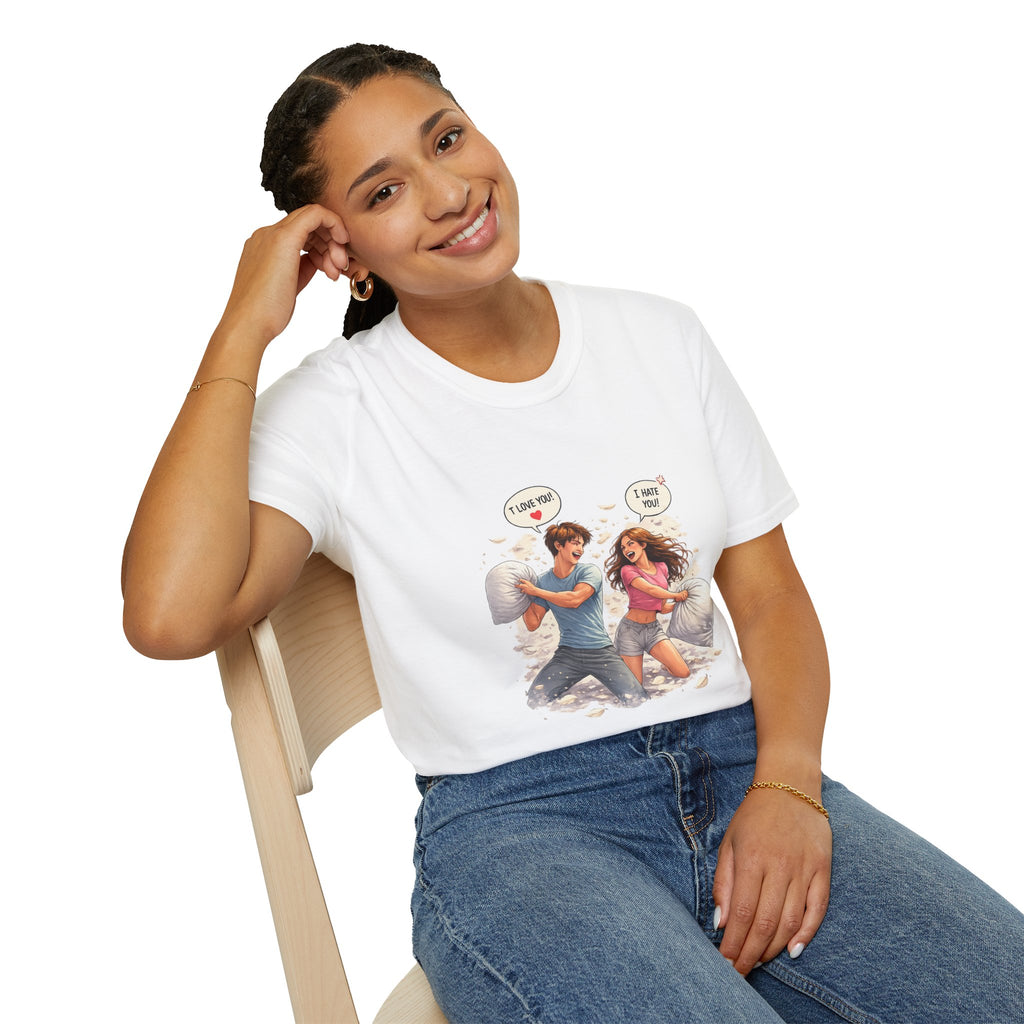 Copy of Copy of Pillow Fight Couple Illustration T-Shirt | Cute Romantic Cartoon Scene