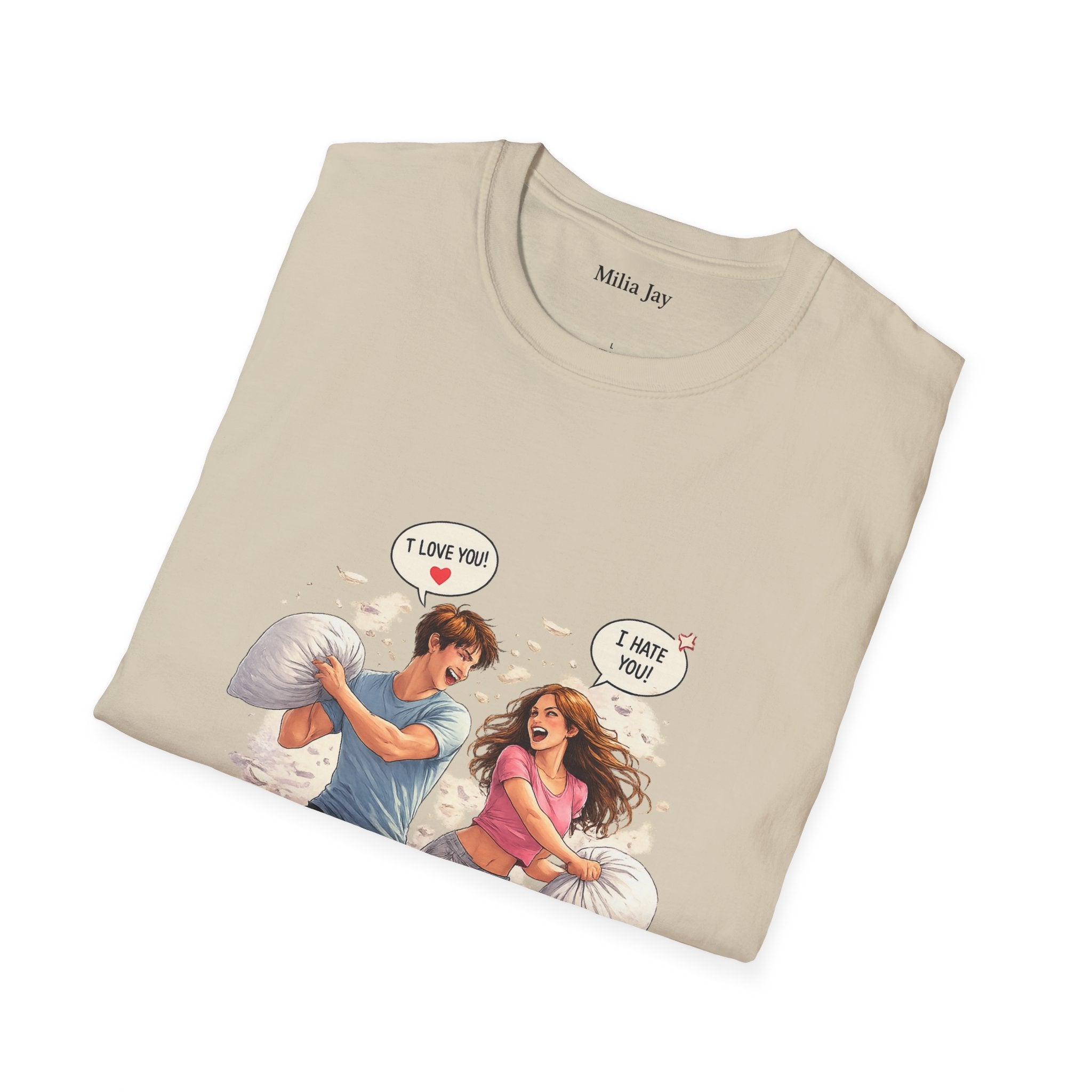 Copy of Copy of Pillow Fight Couple Illustration T-Shirt | Cute Romantic Cartoon Scene