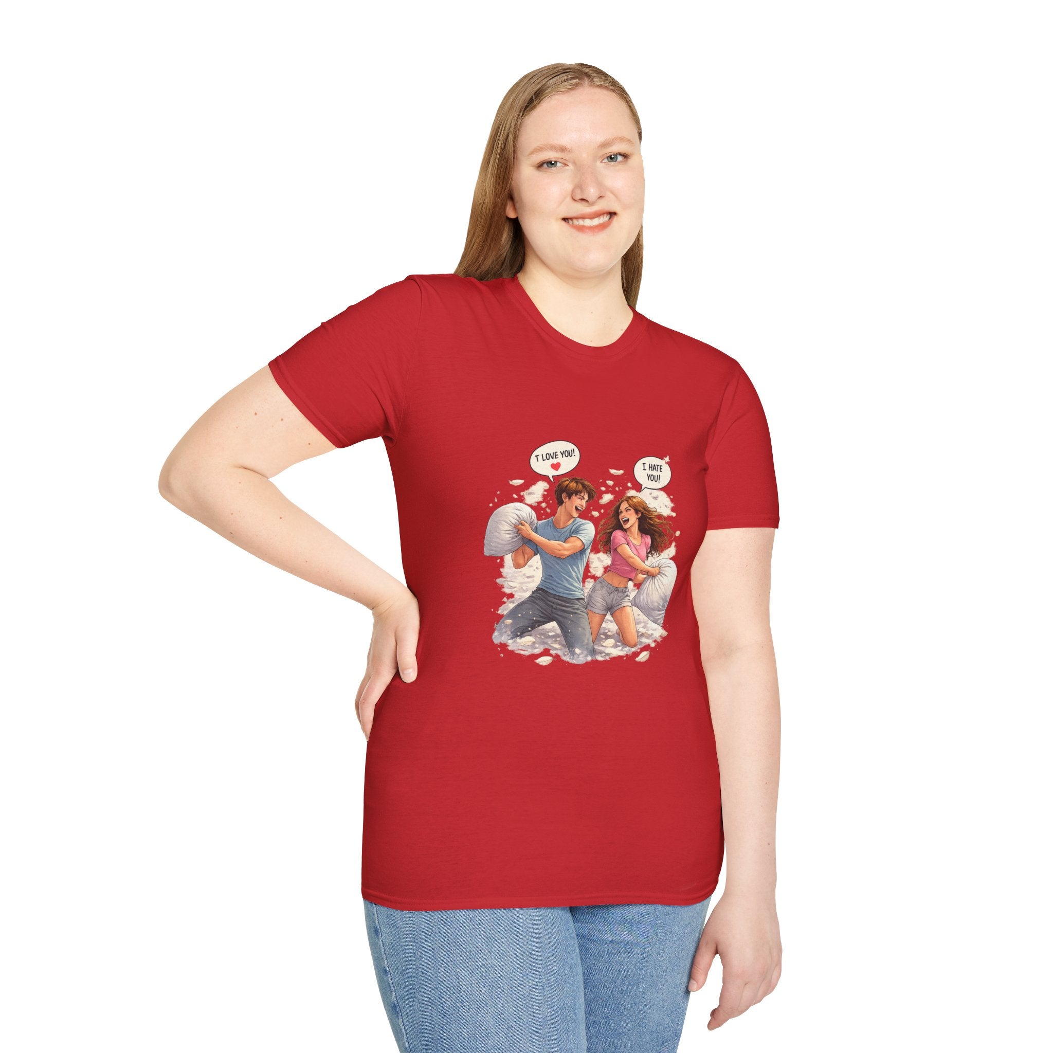 Copy of Copy of Pillow Fight Couple Illustration T-Shirt | Cute Romantic Cartoon Scene