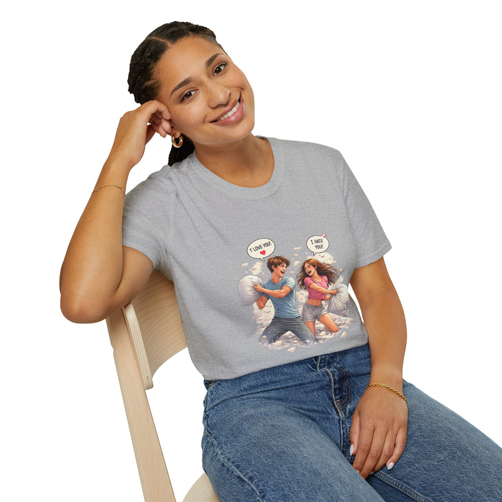 Copy of Copy of Pillow Fight Couple Illustration T-Shirt | Cute Romantic Cartoon Scene