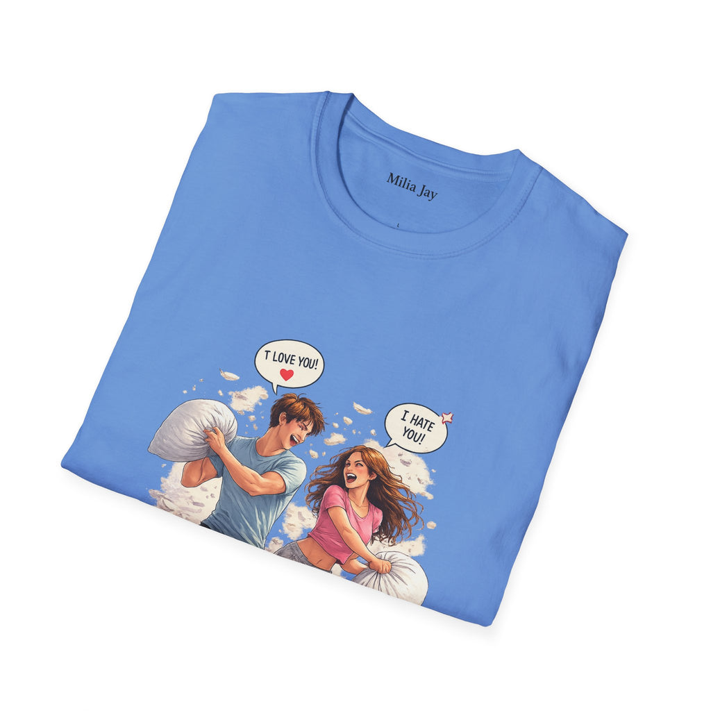 Copy of Copy of Pillow Fight Couple Illustration T-Shirt | Cute Romantic Cartoon Scene