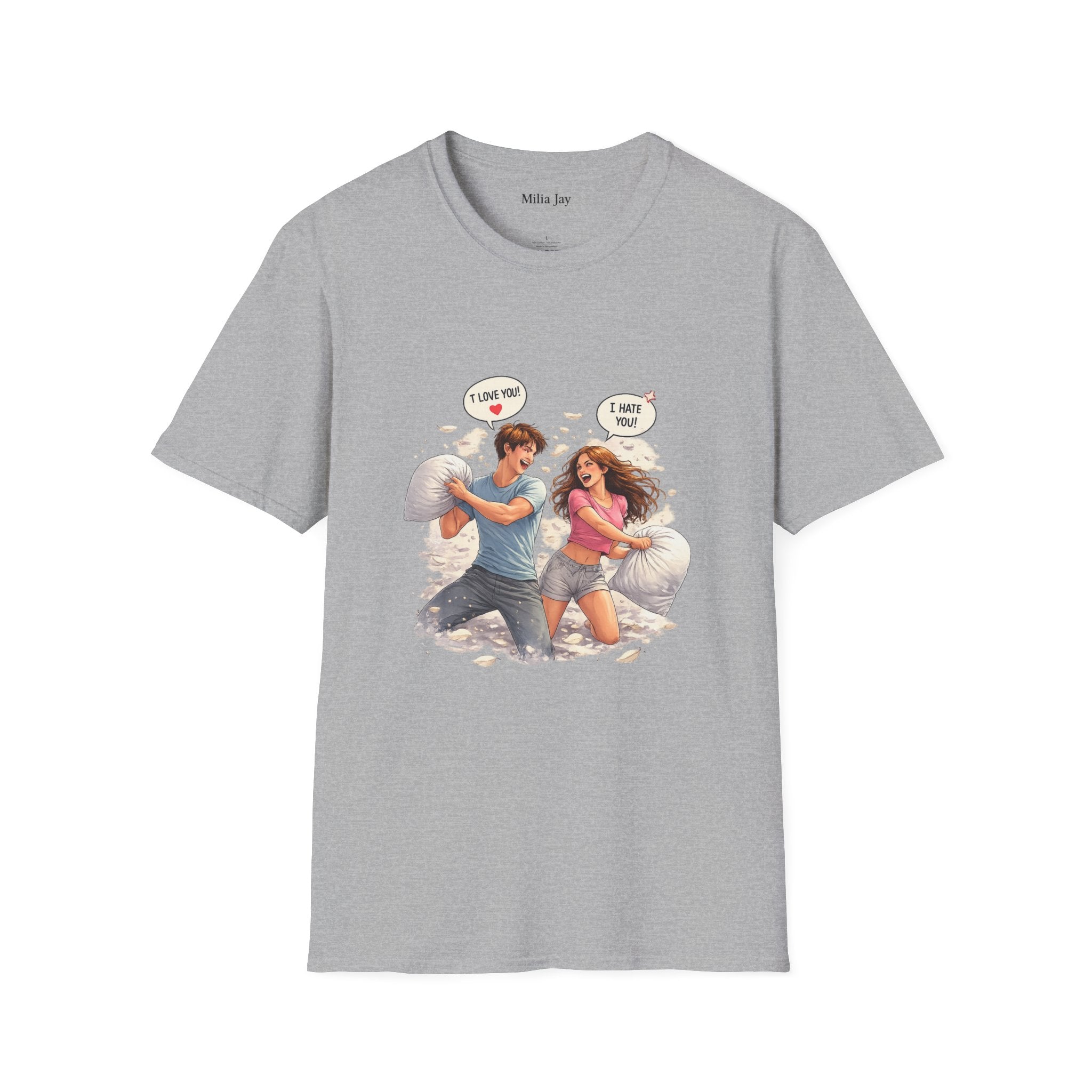 Copy of Copy of Pillow Fight Couple Illustration T-Shirt | Cute Romantic Cartoon Scene