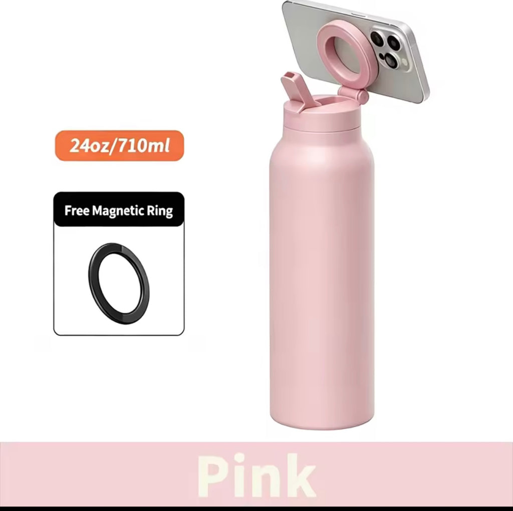 Milia Jay 24oz Insulated Stainless Steel Water Bottle with Magnetic Phone Stand & Straw Lid – 710ml Portable Sports Tumbler