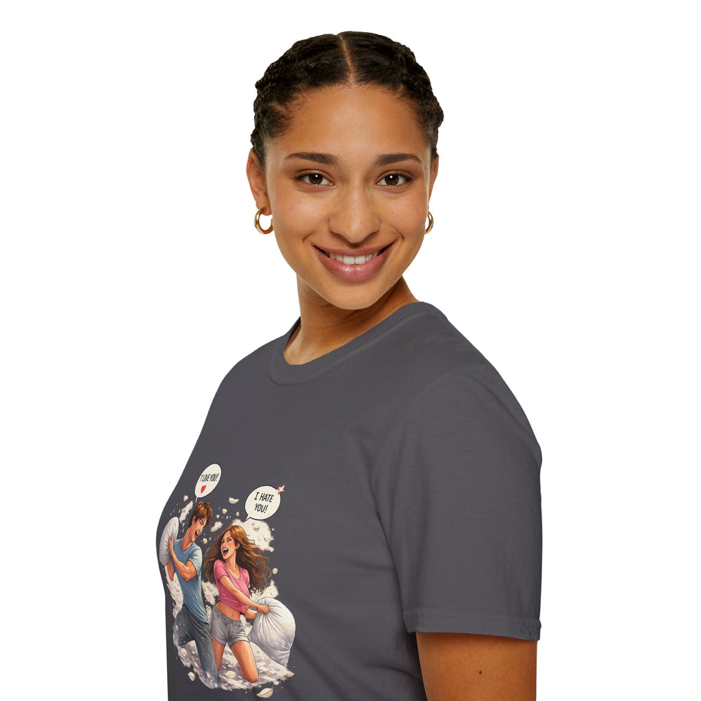 Copy of Copy of Pillow Fight Couple Illustration T-Shirt | Cute Romantic Cartoon Scene
