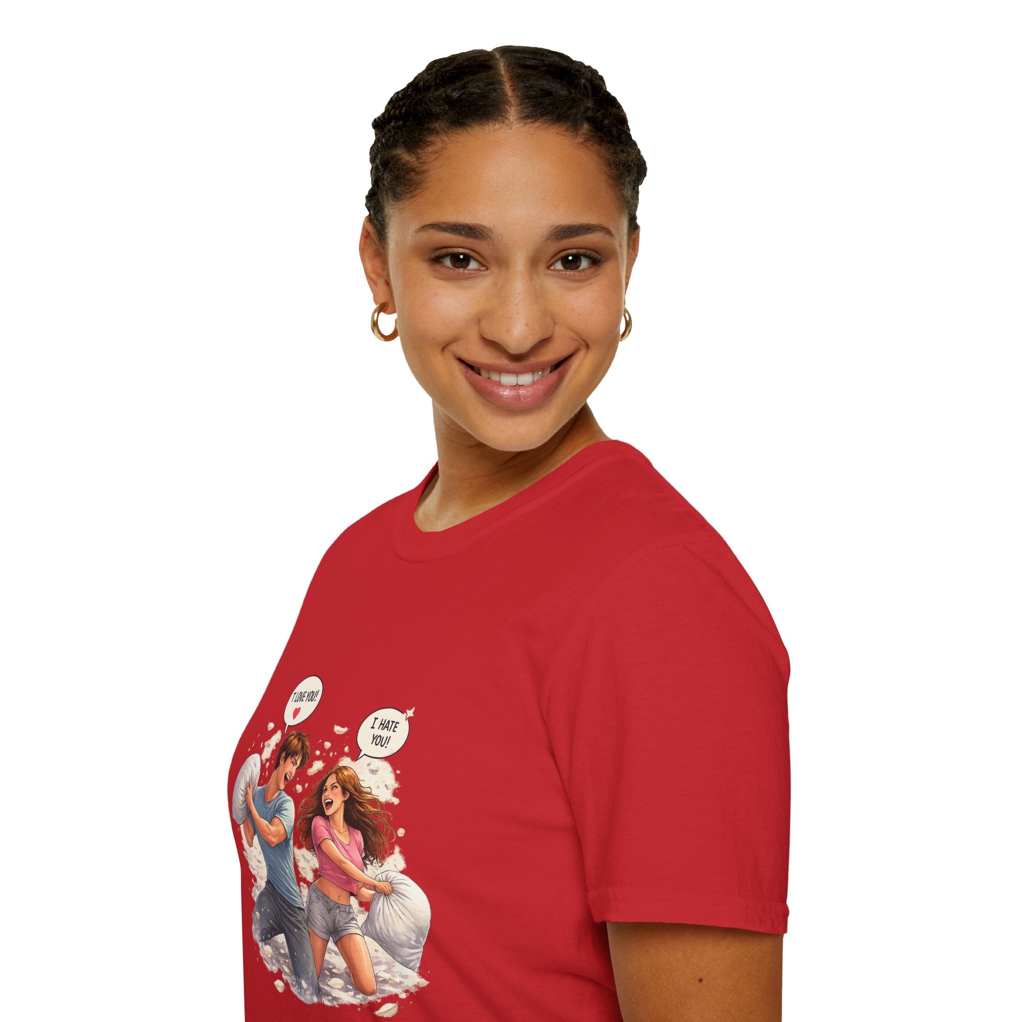 Copy of Copy of Pillow Fight Couple Illustration T-Shirt | Cute Romantic Cartoon Scene