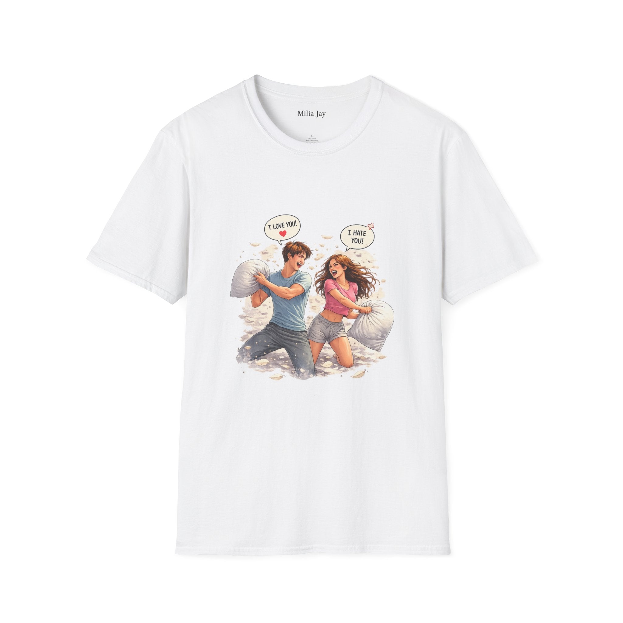 Copy of Copy of Pillow Fight Couple Illustration T-Shirt | Cute Romantic Cartoon Scene