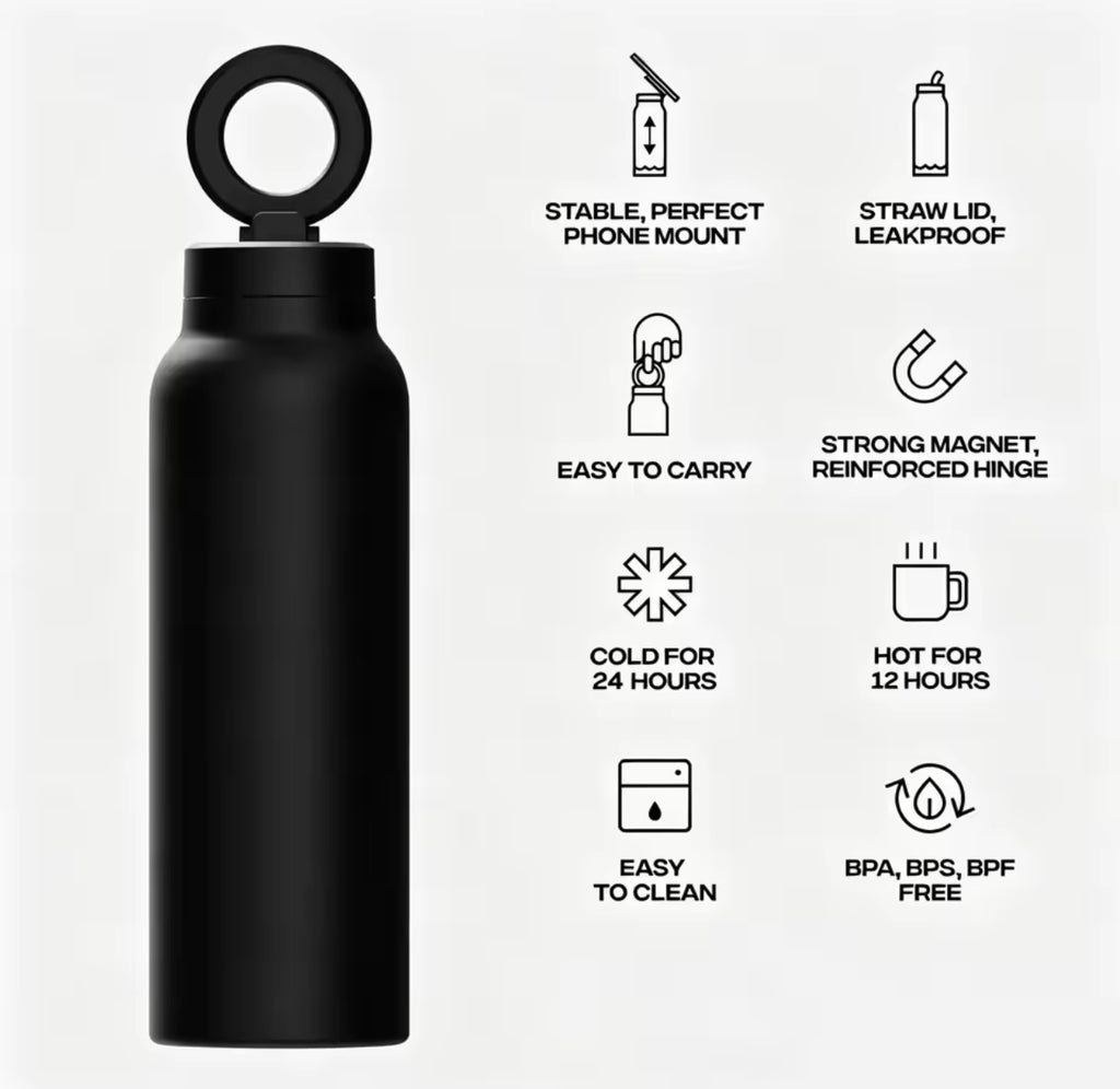 Milia Jay 24oz Insulated Stainless Steel Water Bottle with Magnetic Phone Stand & Straw Lid – 710ml Portable Sports Tumbler