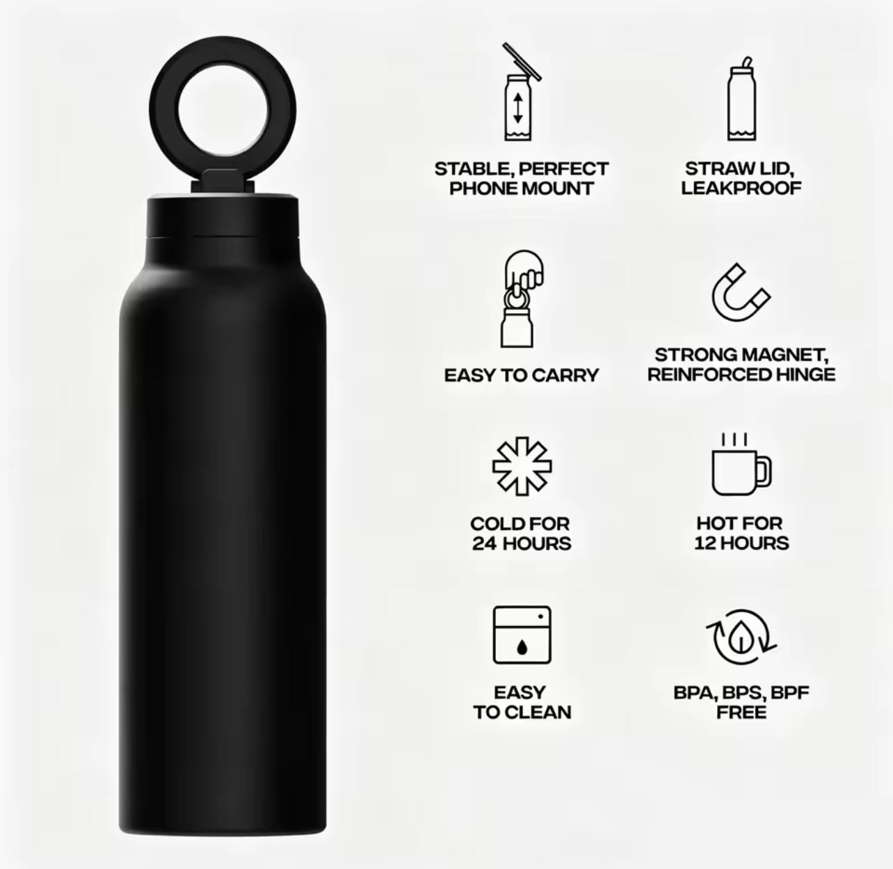Milia Jay 24oz Insulated Stainless Steel Water Bottle with Magnetic Phone Stand & Straw Lid – 710ml Portable Sports Tumbler