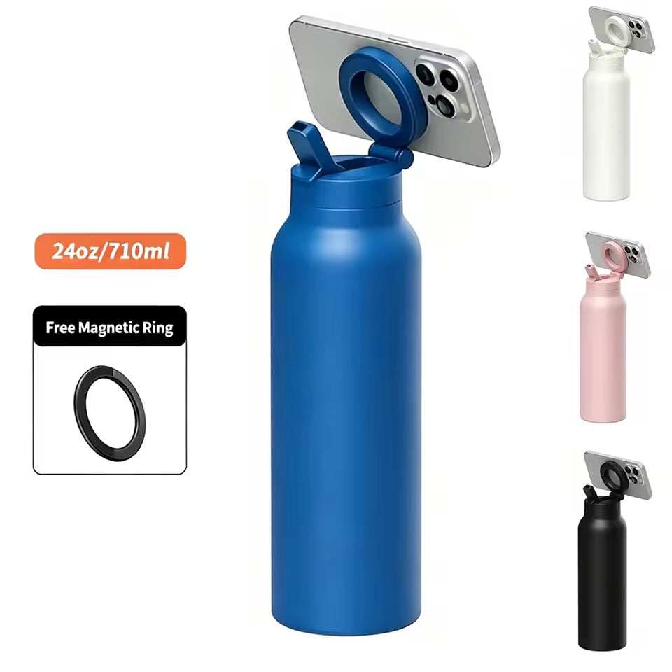 Milia Jay 24oz Insulated Stainless Steel Water Bottle with Magnetic Phone Stand & Straw Lid – 710ml Portable Sports Tumbler
