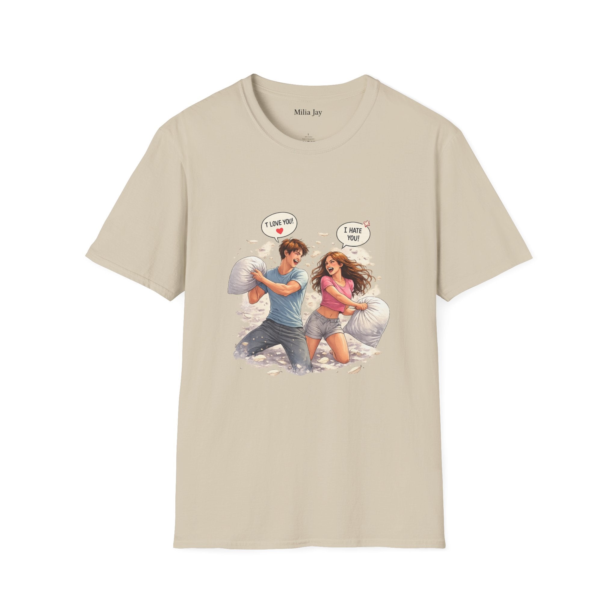 Copy of Copy of Pillow Fight Couple Illustration T-Shirt | Cute Romantic Cartoon Scene