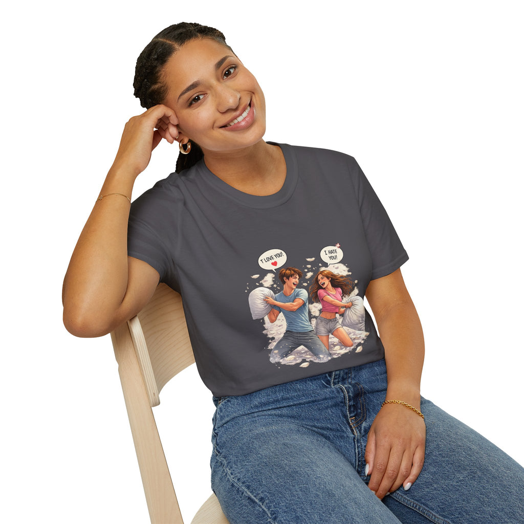 Copy of Copy of Pillow Fight Couple Illustration T-Shirt | Cute Romantic Cartoon Scene