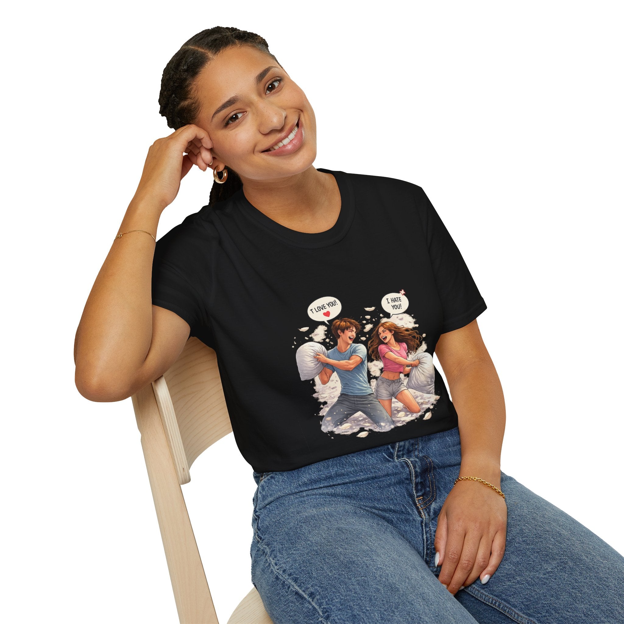 Copy of Copy of Pillow Fight Couple Illustration T-Shirt | Cute Romantic Cartoon Scene