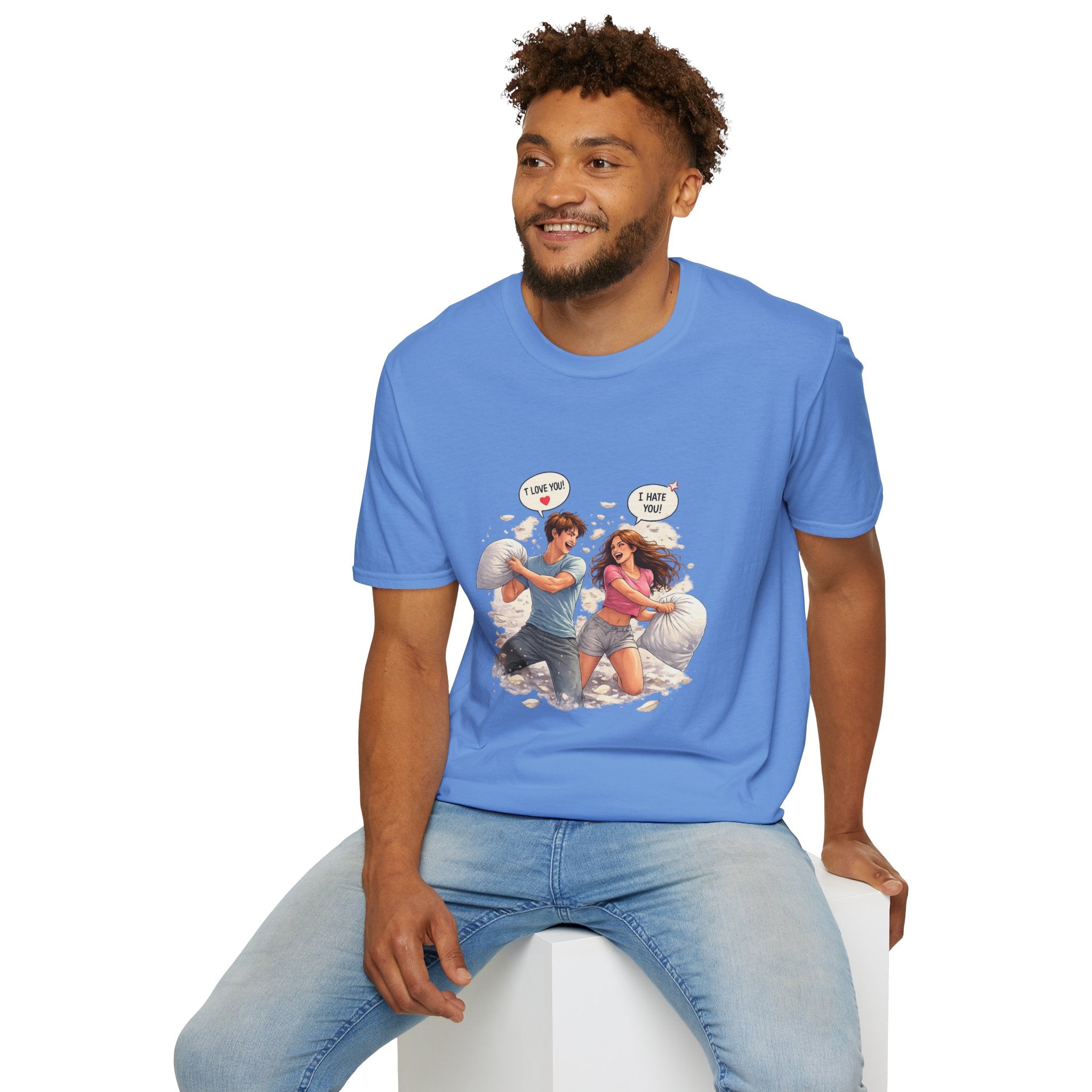 Copy of Copy of Pillow Fight Couple Illustration T-Shirt | Cute Romantic Cartoon Scene