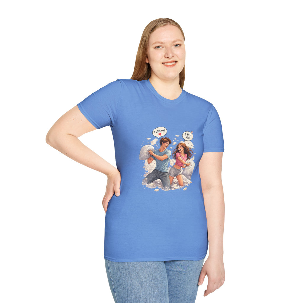 Copy of Copy of Pillow Fight Couple Illustration T-Shirt | Cute Romantic Cartoon Scene
