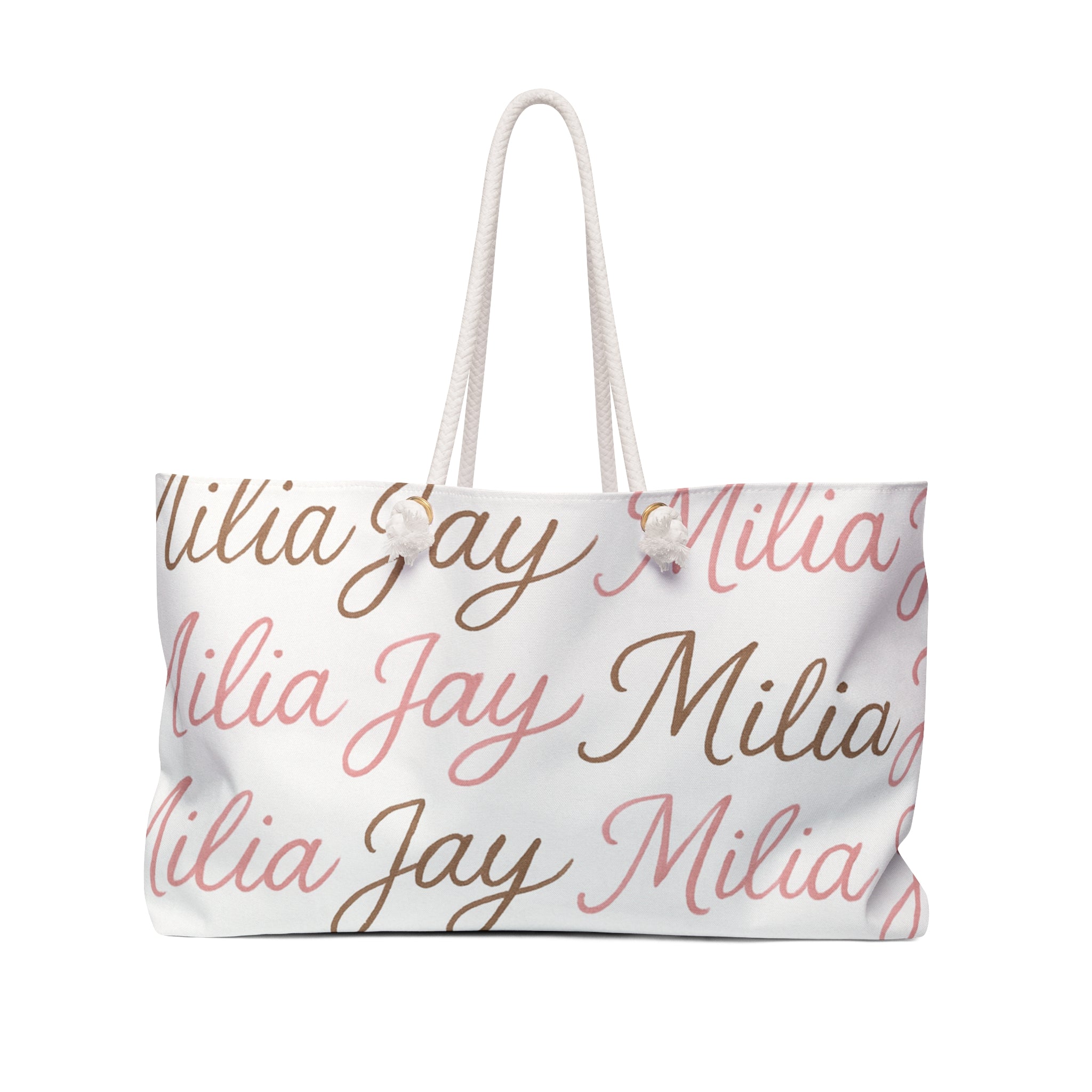 A stylish and spacious monogrammed travel weekender bag from Milia Jay — perfect for weekend trips, carry-on flights, and everyday adventure.
