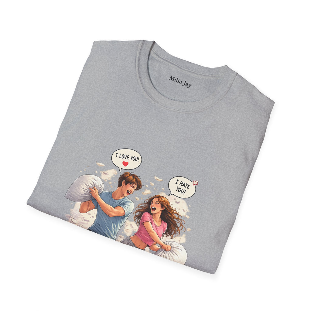 Copy of Copy of Pillow Fight Couple Illustration T-Shirt | Cute Romantic Cartoon Scene